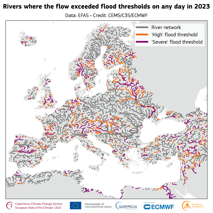 Rivers where the flow exceeded flood thresholds any day in 2003