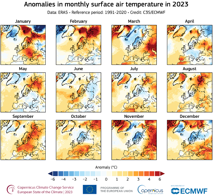 Anomalies in monthly surface air temperature in 2023