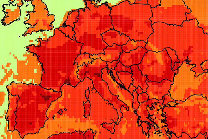 UTCI heat stress plot for Europe in June 2019