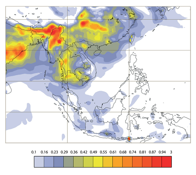 Forecast of organic matter aerosol optical depth at 550 nm, representing smoke from biomass burning emissions, from the Copernicus Atmosphere Monitoring Service (CAMS). Adapted from CAMS aerosol forecast chart for Southern Asia.