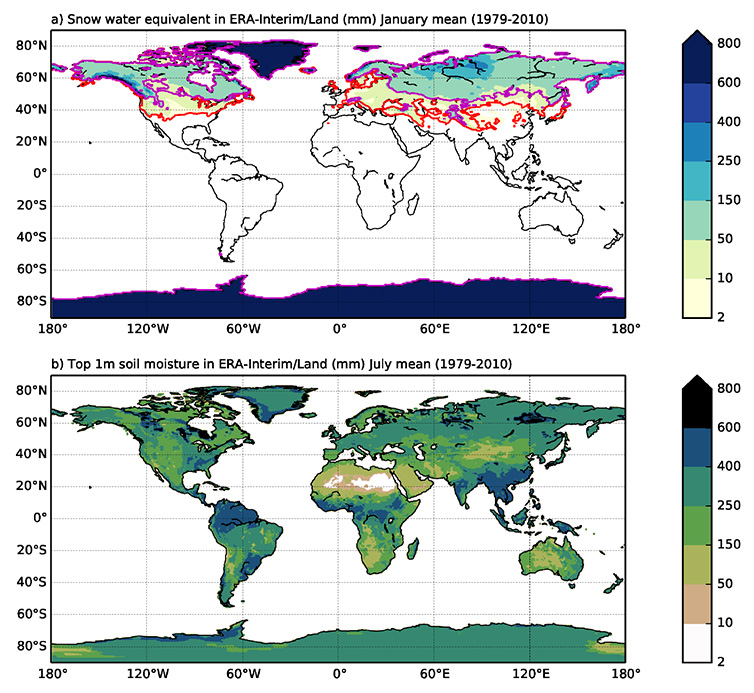 Water content in snow-pack and in top 1-metre of soil 