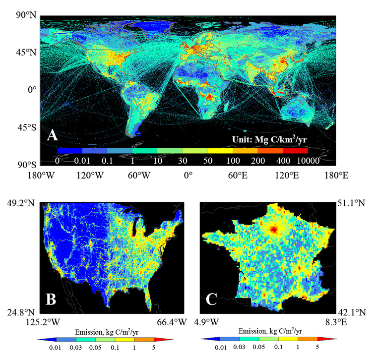 Examples of fossil fuel emission maps obtained from global/national inventories