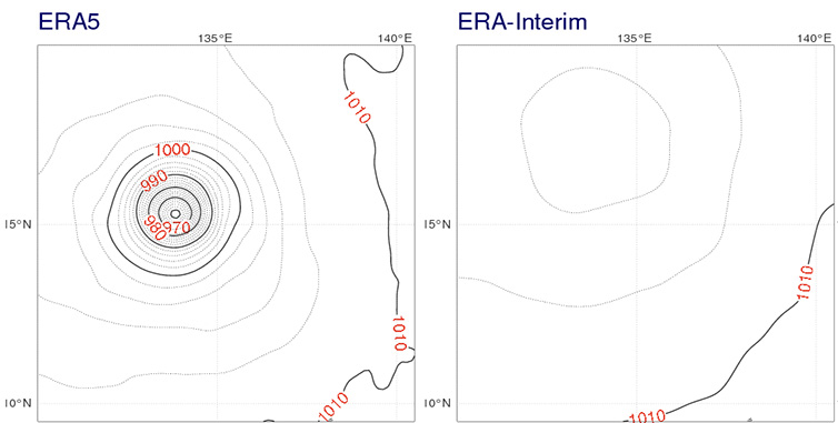 Improved representation of Typhoon Halong on August 3 2014, 00 UTC by ERA5 (left panel) and ERA-Interim (right panel). Contour lines are 2 hPa
