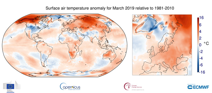 C3S March 2019 temperature anomaly maps