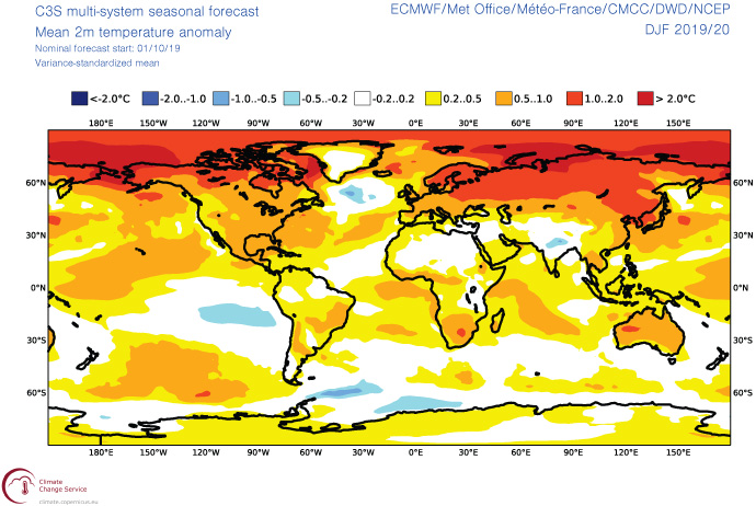 Example C3S multi-model forecast from 1 October 2019 of the ensemble mean 2-metre temperature anomaly for December 2019–February 2020. 