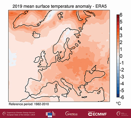 European State of the Climate 2019: temperature anomaly chart
