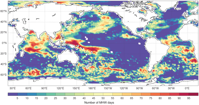 Number of marine heatwave days detected by OCEAN5, summer 2020