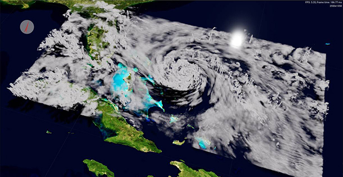 1 km simulation capturing intricate cloud structure of category 5 hurricane Dorian making landfall in the Bahamas on 1 September 2019. 