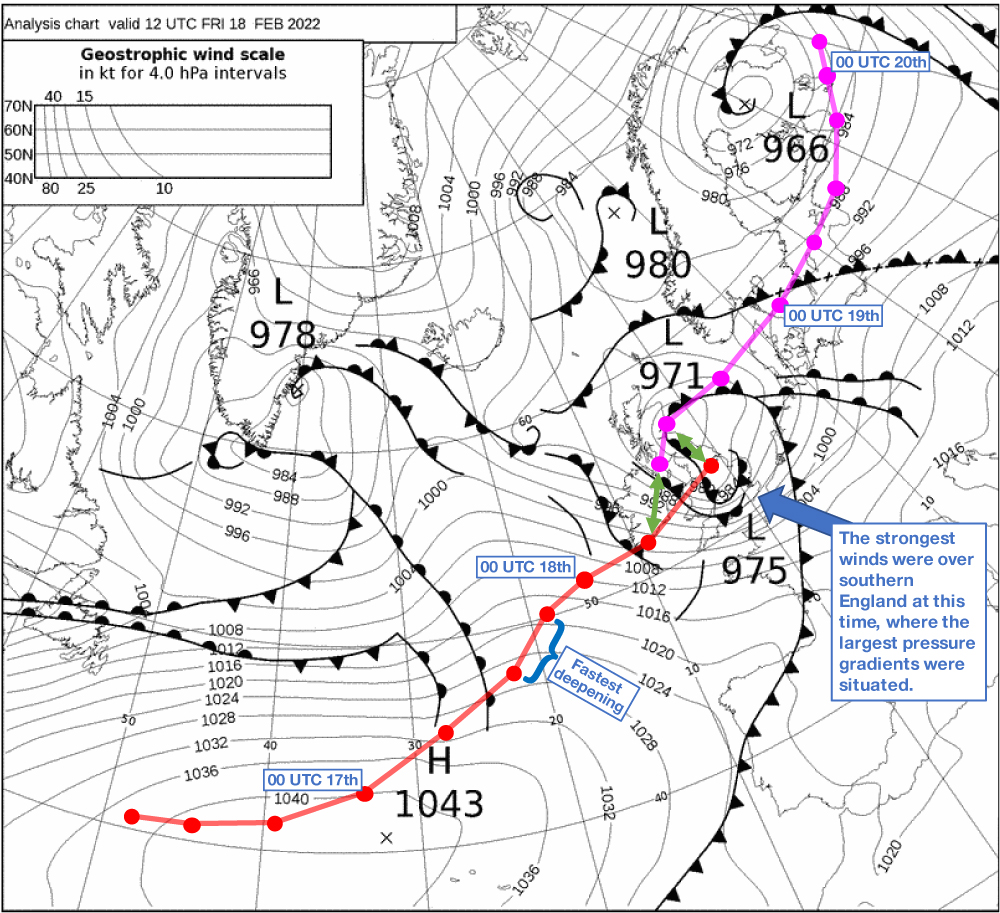 Synoptic chart and path of Eunice.