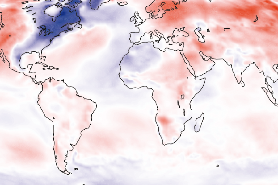 Map showing temperature anomalies, first quarter of 2015