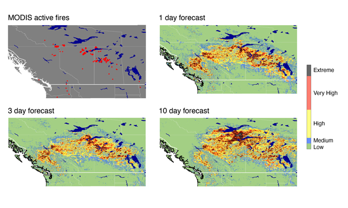 Fires observed by MODIS satellite compared with forecasts at 1km resolution indicating probability of fire for 1, 3, and 10 days ahead.